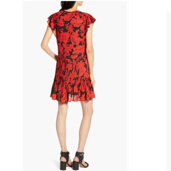 Rebecca Minkoff Fit Flare Mini Dress Large Red Short Sleeve Floral Pleat Ruffle - Picture 7 of 8